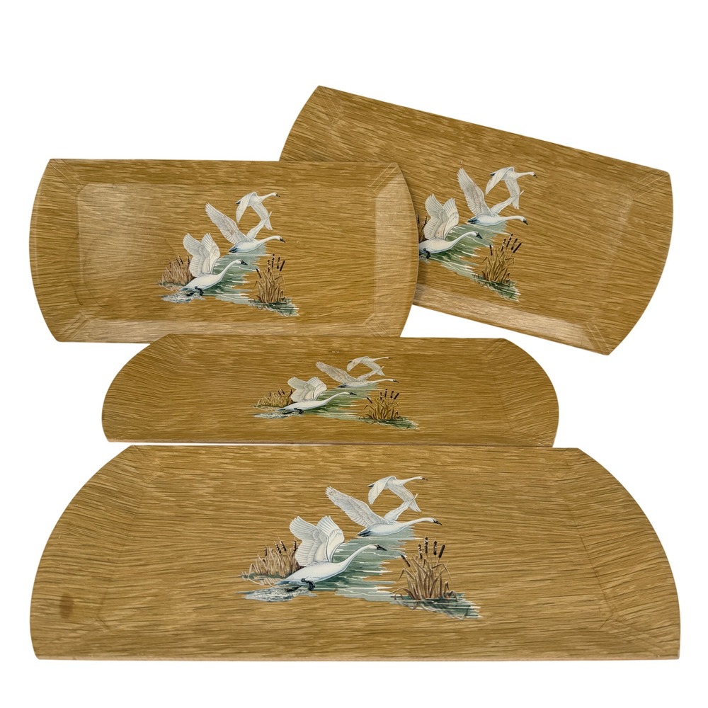 Hasko DeLuxe Lap Trays Set of 4 Wood Veneer Swan Lithograph Brown Vintage
